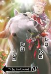  2girls afterimage armband bow bowtie brown_hair clenched_hand commentary creature_and_personification crying ear_covers flower frilled_sleeves frills gloves gold_ship_(racehorse) gold_ship_(umamusume) hairband head_tilt headgear horse horse_girl horseback_riding jojo_no_kimyou_na_bouken light_rays minigirl motion_lines multiple_girls nishino_flower_(umamusume) pillbox_hat pink_eyes red_bow red_bowtie red_flower riding scrunchie short_hair short_sleeves streaming_tears tears to_be_continued tongue tongue_out umamusume umayasu vore wavy_mouth white_gloves wrist_scrunchie 