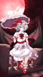  1girl absurdres ascot bat_wings blue_hair bow closed_mouth full_moon hair_bow hat highres holding holding_umbrella looking_at_viewer mob_cap moon orchid_(orukido) outdoors pointy_ears railing red_ascot red_bow red_eyes red_footwear remilia_scarlet revision shirt short_hair sitting_on_railing skirt smile socks solo touhou umbrella white_headwear white_shirt white_skirt white_socks white_umbrella wings 
