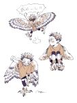  1boy akaashi_keiji animal_feet anklet arm_up artist_name bird_legs bird_wings brown_eyes brown_hair brown_shirt child facing_away feathered_wings full_body haikyuu!! harpy_boy highres jewelry jumping knees_up leg_up looking_down looking_to_the_side male_focus monochrome monster_boy monsterification multiple_views natsu_(rodysanp) shirt short_hair short_sleeves shorts shouting signature simple_background sitting spread_wings standing talons thick_eyebrows translation_request very_short_hair white_background wings 