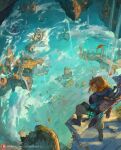  1boy blonde_hair blue_eyes boots clouds cutesexyrobutts floating_island gloves highres link long_hair pants patreon_username pointy_ears ruins shield shoulder_pads solo sword the_legend_of_zelda weapon 