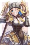  1girl armor armored_dress blonde_hair blue_eyes brown_gloves card collarbone corset cowboy_shot dress fingerless_gloves fire_emblem fire_emblem_awakening fire_emblem_cipher gauntlets gloves grin helmet holding holding_card holding_weapon lissa_(fire_emblem) official_alternate_costume one_eye_closed short_twintails smile solo teeth ten_(tenchan_man) twintails weapon 
