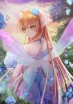  1girl absurdres alternate_hair_length alternate_hairstyle bangs blonde_hair blue_flower blue_ribbon blue_rose blurry blurry_background bouquet bridal_veil bug butterfly butterfly_wings choker closed_mouth day dress fate/grand_order fate_(series) flower frilled_choker frills from_behind fujimaru_ritsuka_(female) grey_dress hair_between_eyes hair_flower hair_ornament highres holding holding_bouquet long_hair off-shoulder_dress off_shoulder outdoors ribbon rina_sukareltuto rose smile solo standing veil very_long_hair wedding_dress white_choker white_flower wings yellow_eyes 