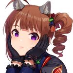  1girl ahoge animal_ears bangs black_gloves black_shirt brown_hair closed_mouth commentary drill_hair frilled_sleeves frills gloves hair_ribbon hands_on_own_face idol idolmaster idolmaster_million_live! kamille_(vcx68) long_sleeves looking_at_viewer medium_hair ribbon shirt side_drill side_ponytail sidelocks simple_background smile solo violet_eyes white_background wolf_ears yokoyama_nao 