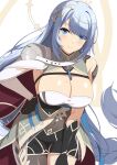  1girl armor belt black_gloves blue_eyes blue_hair breasts closed_mouth covered_navel epic_seven gloves hair_ornament leaning_forward looking_at_viewer mole mole_on_breast rin_ateria shoulder_armor simple_background smile solo sylvan_sage_vivian_(epic_seven) white_belt 