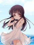  1girl bare_shoulders black_hair blush collarbone dress frilled_dress frills highres long_hair looking_at_viewer matsumoto_rise mearian ocean open_mouth outdoors red_eyes shiny shiny_hair sky solo standing sundress white_dress yuru_yuri 