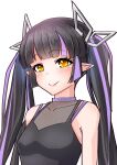  1girl bangs black_hair black_shirt blunt_bangs blush breasts closed_mouth commentary_request demon_girl demon_horns highres horns kojo_anna long_hair looking_at_viewer medium_breasts multicolored_hair pointy_ears purple_hair robou_no_stone see-through see-through_shirt shirt simple_background sleeveless sleeveless_shirt smile solo sugar_lyric twintails two-tone_hair upper_body virtual_youtuber white_background yellow_eyes 