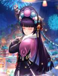  1girl arm_up bangs blunt_bangs blurry blurry_background bonnet capelet closed_eyes closed_mouth facing_viewer fireworks fur-trimmed_capelet fur_trim genshin_impact highres long_hair long_sleeves pink_capelet purple_hair sky_wbo solo upper_body yun_jin_(genshin_impact) 