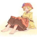  1girl aki_minoriko apron arm_support barefoot black_skirt blonde_hair collared_shirt commentary frilled_skirt frills full_body grape_hat_ornament hat long_sleeves mob_cap open_mouth orange_apron orange_headwear rangycrow shirt short_hair sitting skirt solo suspenders toes touhou wide_sleeves yellow_shirt |_| 