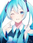  1girl ;) blue_eyes blue_hair blue_nails blue_necktie closed_mouth collarbone hatsune_miku highres holding holding_hair kimkiria long_hair looking_at_viewer nail_polish necktie one_eye_closed simple_background smile solo twintails upper_body vocaloid white_background 