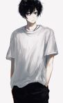  1boy absurdres bangs black_hair brown_eyes grey_background hands_in_pockets highres looking_at_viewer male_focus open_mouth original shirt short_hair solo suechiee white_shirt 