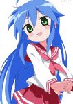  1girl :3 absurdres blue_hair blush_stickers green_eyes hair_between_eyes highres interlocked_fingers izumi_konata long_hair long_sleeves looking_at_viewer lucky_star mole mole_under_eye neckerchief own_hands_together pleated_skirt red_neckerchief red_sailor_collar red_skirt ryouou_school_uniform sailor_collar school_uniform serafuku shiny shiny_hair simple_background skirt solo uniform very_long_hair white_background white_gorilla_(okamoto) 