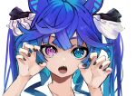  1girl @_@ absurdres animal_ears black_nails blue_eyes blue_hair bow claw_pose hair_between_eyes hair_bow heterochromia highres horse_ears horse_girl long_hair looking_at_viewer nail_polish open_mouth sharp_teeth simple_background solo teeth toa510 twin_turbo_(umamusume) twintails umamusume upper_body violet_eyes white_background 