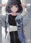  1girl arms_up bangs black_hair black_shirt closed_mouth commentary_request hood hood_down hoodie looking_at_viewer medium_hair meola open_clothes open_hoodie original red_eyes shirt smile solo standing upper_body white_hoodie 