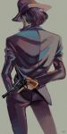  1boy arm_behind_back beard black_hair commentary_request facial_hair formal from_behind gun hand_in_pocket hat highres jigen_daisuke lupin_iii male_focus meppi revolver short_hair simple_background suit weapon 