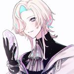  1boy aqua_hair ascot bangle bangs black_gloves blonde_hair bracelet gloves grey_ascot hair_over_one_eye highres holding holostars jewelry looking_at_viewer male_focus multicolored_hair pink_hair ria_(lya_s2) simple_background solo upper_body utsugi_uyu violet_eyes virtual_youtuber white_background 