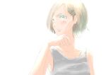  1girl backlighting bangs brown_hair collarbone din_(pixiv25800872) green_eyes grey_shirt grey_tank_top hair_ornament hairclip looking_to_the_side original parted_bangs parted_lips shirt short_hair simple_background sleeveless sweat tank_top turning_head upper_body white_background wiping_face wiping_sweat 