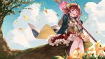  1girl :d ahoge atelier_(series) atelier_sophie autumn_leaves ayacho bare_legs blue_sky brown_eyes brown_hair clouds day dress_shirt floating_hair flower highres holding holding_staff long_hair miniskirt open_mouth outdoors pleated_skirt red_skirt shiny shiny_hair shirt sitting skirt sky smile solo sophie_neuenmuller staff underbust white_shirt yellow_flower yellow_headwear 