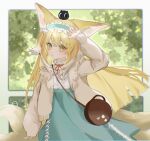  1girl absurdres animal_ears animal_on_head arknights arm_up bag blonde_hair blue_dress blue_hairband brown_bag cardigan cat cat_on_head cowboy_shot dress fox_ears fox_girl fox_tail frilled_hairband frills green_eyes hair_down hairband highres juzi_dou_ban_jiang long_hair long_sleeves looking_at_viewer luoxiaohei neck_ribbon official_alternate_costume on_head open_cardigan open_clothes red_ribbon ribbon satchel shoulder_bag solo suzuran_(arknights) suzuran_(spring_praise)_(arknights) tail the_legend_of_luo_xiaohei white_cardigan 