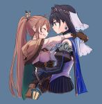  2girls ahoge bangs belt black_gloves blue_cape blue_eyes blue_hair blue_ribbon blush bow bow_earrings brown_capelet brown_cloak brown_corset brown_hair cape capelet cloak corset detached_sleeves earrings feather_hair_ornament feathers gloves hair_intakes hair_ornament hairclip hands_on_another&#039;s_hips hands_on_another&#039;s_shoulders head_chain highres hololive hololive_english jewelry kisuu_(oddnumberr_) lantern long_hair micro_shorts miniskirt multicolored_hair multiple_girls nanashi_mumei ouro_kronii partially_fingerless_gloves pinstripe_pattern ponytail pouch pout red_skirt ribbon sailor_collar shirt short_hair shorts skirt sleeveless sleeveless_shirt smile streaked_hair striped tank_top turtleneck veil very_long_hair virtual_youtuber white_shirt yuri zipper 