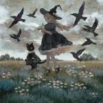  1girl bird black_cat black_dress black_footwear blonde_hair cat clouds cloudy_sky crow daisy dress field flower frilled_dress frills grey_eyes grey_pantyhose grey_sky hat highres holding holding_flower long_hair mary_janes original outdoors overcast pantyhose personification shoes sky solo standing tono_(rt0no) tree witch_hat 