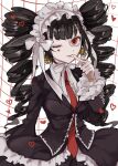  1girl bangs black_hair black_jacket black_skirt breasts celestia_ludenberg collared_shirt danganronpa:_trigger_happy_havoc danganronpa_(series) drill_hair finger_to_mouth heart highres jacket large_breasts layered_skirt long_hair necktie one_eye_closed open_clothes open_jacket open_mouth red_necktie shiny shiny_hair shirt skirt solo twin_drills twintails white_shirt yumachansan 
