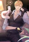  1boy alternate_costume bags_under_eyes blonde_hair collared_shirt fingerless_gloves gloves heart jewelry kkusako_bl looking_at_viewer male_focus muscular muscular_male nu_carnival quincy_(nu_carnival) shirt short_hair sitting smile solo sparkle weasel yellow_gemstone 