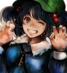 1girl bloom blue_hair blurry claw_pose depth_of_field fingernails frilled_shirt_collar frills grin hair_bobbles hair_ornament hands_up hat highres inoe_(noie) kawashiro_nitori looking_at_viewer one_eye_closed simple_background smile touhou two_side_up white_background 