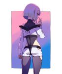  1girl ass bangs bare_shoulders bodysuit coat cyberpunk cyberpunk_(series) cyberpunk_2077 cyberpunk_edgerunners highres jacket leotard lucy_(cyberpunk_edgerunners) multicolored_eyes multicolored_hair open_clothes open_jacket pale_skin parted_bangs poliwiloq short_hair short_shorts shorts smoking solo 