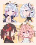  4girls alternate_hair_length alternate_hairstyle animal_ears armor armored_dress artist_name ayacchirin bangs bare_shoulders black_coat black_hair blue_eyes blue_hair blunt_bangs blush breastplate chinese_knot closed_mouth coat colored_tips earrings floppy_ears flower flower-shaped_pupils flower_knot fox_ears genshin_impact hair_between_eyes hair_flower hair_ornament hair_over_one_eye highres hu_tao_(genshin_impact) japanese_clothes jewelry kamisato_ayaka light_blue_hair looking_at_viewer looking_away looking_to_the_side mole mole_under_eye multicolored_hair multiple_girls neck_tassel parted_lips pink_hair red_eyes shenhe_(genshin_impact) short_hair sidelocks smile symbol-shaped_pupils tassel violet_eyes yae_miko 