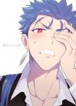  1boy alternate_costume artist_name blue_hair blush collared_shirt cu_chulainn_(fate) cu_chulainn_(fate/stay_night) fate/extella fate/extella_link fate/extra fate/grand_order fate/hollow_ataraxia fate/stay_night fate_(series) ku_ra_da long_hair looking_at_viewer male_focus ponytail red_eyes shirt simple_background solo spiky_hair sweat teeth upper_body white_background white_shirt 