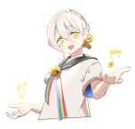  1boy beamed_eighth_notes bell black_sailor_collar commentary cropped_torso eighth_note hair_bell hair_ornament iori_yuzuru male_focus musical_note neck_bell neck_ribbon open_mouth outstretched_arms rainbow ribbon rsk_(tbhono) sailor_collar shirt short_sleeves sideways_glance simple_background smile solo upper_body voiceroid white_background white_hair white_shirt yellow_eyes 