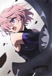  1girl :d absurdres black_leotard black_sleeves detached_sleeves fate/grand_order fate_(series) floating_hair gradient gradient_background grey_background hair_over_one_eye highres holding holding_shield leotard mash_kyrielight open_mouth pink_hair shield short_hair smile solo toyosu violet_eyes white_background 