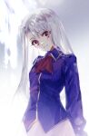  1girl burned_koge closed_mouth collared_shirt dress_shirt eyelashes fate/stay_night fate_(series) grey_background hair_intakes head_tilt illyasviel_von_einzbern long_hair long_sleeves looking_at_viewer purple_shirt red_eyes red_scarf scarf shiny shiny_hair shirt skirt smile solo standing straight_hair white_hair white_skirt wing_collar 