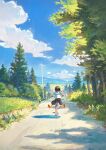  1girl bicycle blue_sky brown_hair clouds cloudy_sky day dirt_road fjsmu from_behind grass ground_vehicle highres mountain mountainous_horizon original outdoors outstretched_legs road road_sign sailor_collar scenery school_uniform serafuku shirt short_hair sign sky solo tree white_shirt 