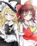  2girls apron ascot blonde_hair blurry blurry_background blurry_foreground blush bow braid brown_hair closed_eyes depth_of_field detached_sleeves frills grin hair_bow hair_tubes hakurei_reimu hat hat_bow kirisame_marisa multiple_girls shinonome_(ichigotsuki) side_braid single_braid skirt smile touhou vest waist_apron white_apron witch_hat 