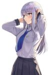  1girl absurdres bangs blue_necktie blush collared_shirt commentary_request from_side grey_hair grey_skirt hayaku_koko highres long_hair long_sleeves necktie original parted_lips pocket school_uniform shirt simple_background skirt solo upper_body white_background white_shirt 