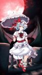 1girl absurdres ascot bat_wings blue_hair bow closed_mouth full_moon hair_bow hat highres holding holding_umbrella looking_at_viewer mob_cap moon orchid_(orukido) outdoors pointy_ears railing red_ascot red_bow red_eyes red_footwear remilia_scarlet shirt short_hair sitting_on_railing skirt smile socks solo touhou umbrella white_headwear white_shirt white_skirt white_socks white_umbrella wings 