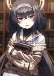  1girl bags_under_eyes bangs black_hair blue_archive blue_hairband blurry blurry_background blush book bookshelf crossed_bangs fagi_(kakikaki) hairband halo holding holding_book indoors jewelry long_hair long_sleeves looking_at_viewer neckerchief necklace parted_lips sailor_collar school_uniform serafuku solo sweat twintails ui_(blue_archive) very_long_hair violet_eyes wavy_mouth white_sailor_collar 