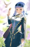  1girl absurdres bags_under_eyes bird blue_butterfly blue_hair blush braid brown_eyes bug butterfly closed_mouth crown_braid dress fire_emblem fire_emblem:_three_houses fire_emblem_warriors:_three_hopes highres long_hair long_sleeves looking_at_viewer marianne_von_edmund parupome simple_background solo wavy_hair white_bird 