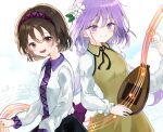  2girls :d bangs biwa_lute black_skirt blush brown_dress brown_hair chain closed_mouth collared_dress collared_shirt commentary_request dress flower frilled_sleeves frills gold_chain hair_flower hair_ornament happy highres instrument long_hair long_sleeves lute_(instrument) multiple_girls music musical_note neck_ribbon open_mouth playing_instrument purple_hair ribbon shinonome_(ichigotsuki) shirt short_hair siblings sisters skirt smile teeth touhou tsukumo_benben tsukumo_yatsuhashi twintails upper_teeth very_long_hair violet_eyes white_flower white_sleeves 
