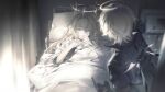  1boy 1girl arknights artist_request bed bed_sheet broken_halo cecilia_(arknights) covering_mouth enforcer_(arknights) female_child from_behind grey_eyes halo hand_over_own_mouth highres hospital hospital_bed jacket long_hair looking_at_another official_art pillow short_hair standing white_hair wings 