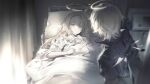  1boy 1girl arknights artist_request bed bed_sheet broken_halo cecilia_(arknights) enforcer_(arknights) female_child from_behind grey_eyes halo highres hospital hospital_bed jacket long_hair looking_at_another official_art parted_lips pillow short_hair standing white_hair wings 