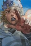  1boy blonde_hair blue_lips expressionless hand_up hat highres hood hoodie horseshoe_ornament index_finger_raised johnny_joestar jojo_no_kimyou_na_bouken looking_at_viewer male_focus one_eye_covered parted_lips perspective short_hair snr_snr star_(symbol) steel_ball_run tears teeth upper_body 