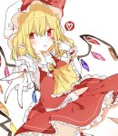  1girl blonde_hair dress flandre_scarlet frills hat heart heart-shaped_pupils highres neck_ribbon nishiki1225 pointy_ears red_dress red_eyes red_nails ribbon side_ponytail symbol-shaped_pupils tongue tongue_out touhou wings wristband 