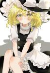  1girl absurdres apron black_headwear blonde_hair bloomers bow braid expressionless feet_out_of_frame hat hat_bow highres kirisame_marisa knees_together_feet_apart looking_at_viewer shinonome_(ichigotsuki) solo touhou underwear waist_apron witch_hat yellow_eyes 