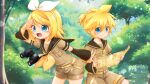  1boy 1girl binoculars blonde_hair blue_eyes blue_sky bow branch brother_and_sister bush child clouds cloudy_sky commentary_request cowboy_shot day detached_sleeves female_child hair_bow highres holding holding_map kagamine_len kagamine_rin looking_at_map male_child map open_mouth outdoors shorts siblings sitting sky tree vocaloid yakumohikari yellow_belt 