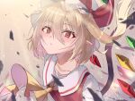  1girl blonde_hair blush crystal flandre_scarlet hair_between_eyes hat highres katsukare looking_at_viewer mob_cap one_side_up pink_background pointy_ears red_eyes simple_background solo touhou upper_body wings 