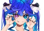  1girl absurdres animal_ears black_nails blue_eyes blue_hair bow claw_pose closed_mouth hair_between_eyes hair_bow heterochromia highres horse_ears horse_girl long_hair looking_at_viewer nail_polish simple_background smile solo toa510 tongue tongue_out twin_turbo_(umamusume) twintails umamusume upper_body violet_eyes white_background 