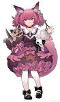  1girl absurdres animal_ears animal_skull arknights black_bow black_choker bow choker doll dress footwear_bow fox_ears fox_girl fox_tail frown full_body highres holding holding_doll holding_knife holding_scissors knife long_hair looking_at_viewer menthako pantyhose pink_bow pink_eyes pink_hair scissors shamare_(arknights) simple_background solo standing tail twintails v-shaped_eyebrows white_background white_pantyhose 