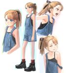  1girl bare_legs bare_shoulders black_camisole black_footwear blue_eyes blue_overalls blush boots buttons camisole closed_eyes flat_chest full_body light_brown_hair nazo_no_anime-dan open_mouth original overall_shorts overalls ponytail pout red_eyes red_socks sad_smile shouting smile socks spaghetti_strap strap_slip teeth upper_body variations 